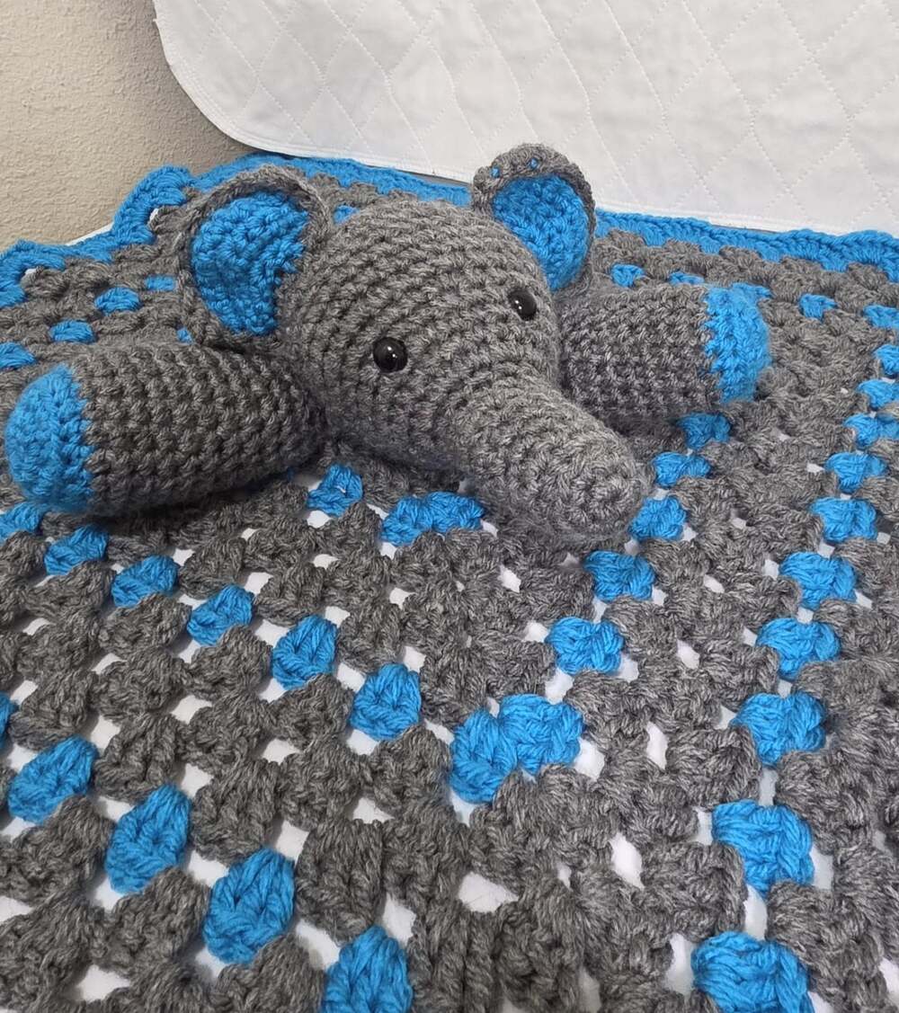 20" Crocheted Elephant Lovey Security Blanket Blue Gray Handmade